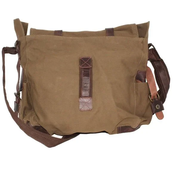 Berchirly Green Brown Canvas Messenger Bag Laptop Lined Buckle Snap Closure - Picture 2 of 12